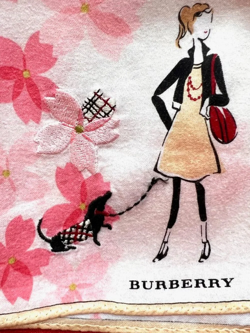 Burberrys Mini Scarf cotton 19.5" ligh peach pink flora embroidered dogs (88) - Picture 4 of 9